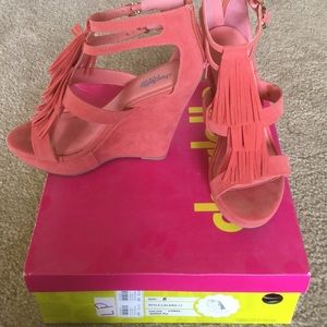 Coral suede wedges